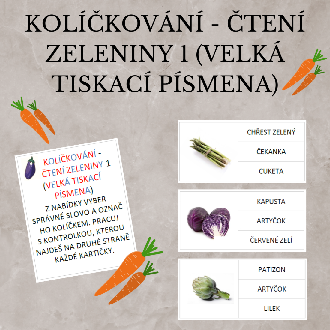 Produkt - Kolíčkování - čtení zeleniny 1 (velká tiskací písmena)